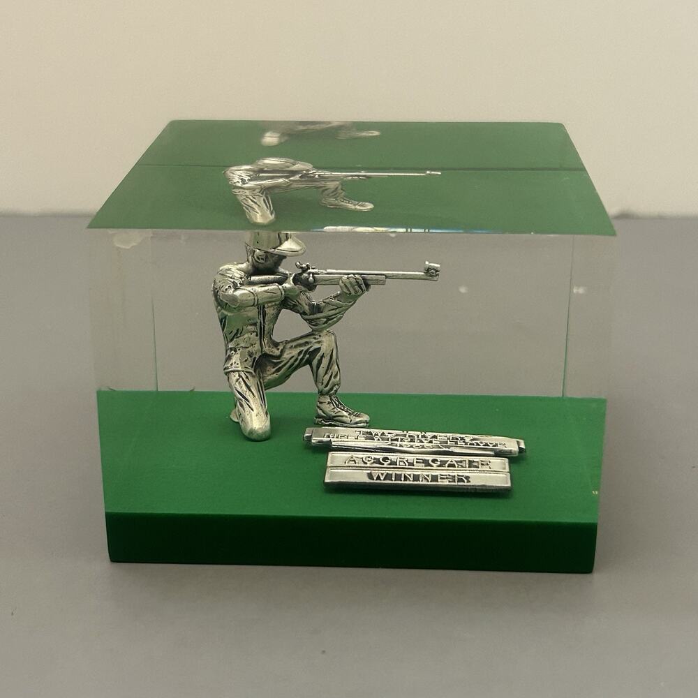 Two Rivers Rifle & Pistol League Minature Soldier Style Pewter Figure In Glass